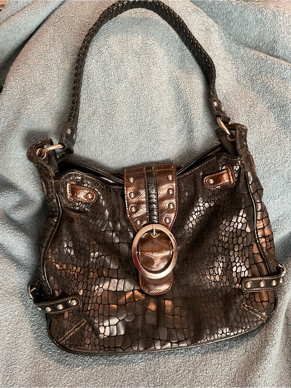 Bronze Croc-Embossed Shoulder Bag with Buckle Accent